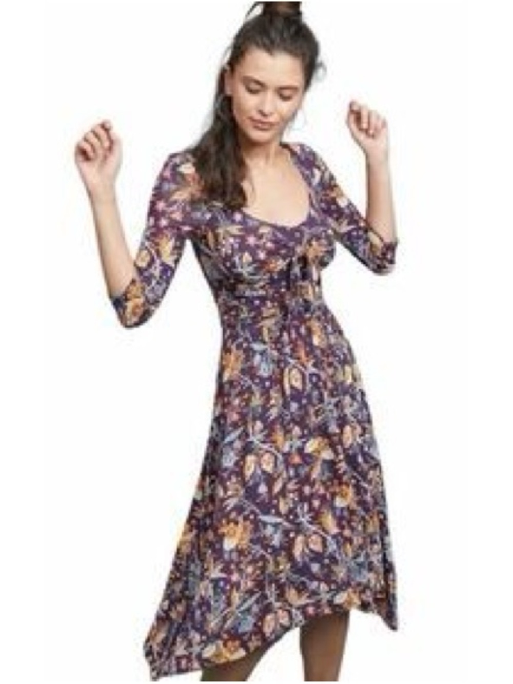 Anthropologie Maeve Beloved Floral Cottagecore Purple 3/4 Sleeve Midi Dress XS